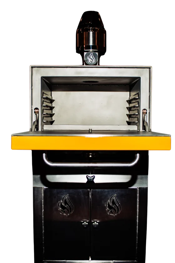 Horno Totonik abierto mostrando rieles, levas y chimenea
